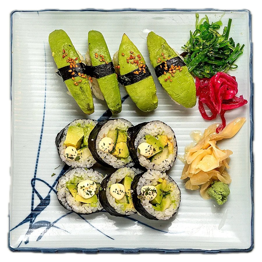 Vegetarisk lunchsushi med roll och avokado