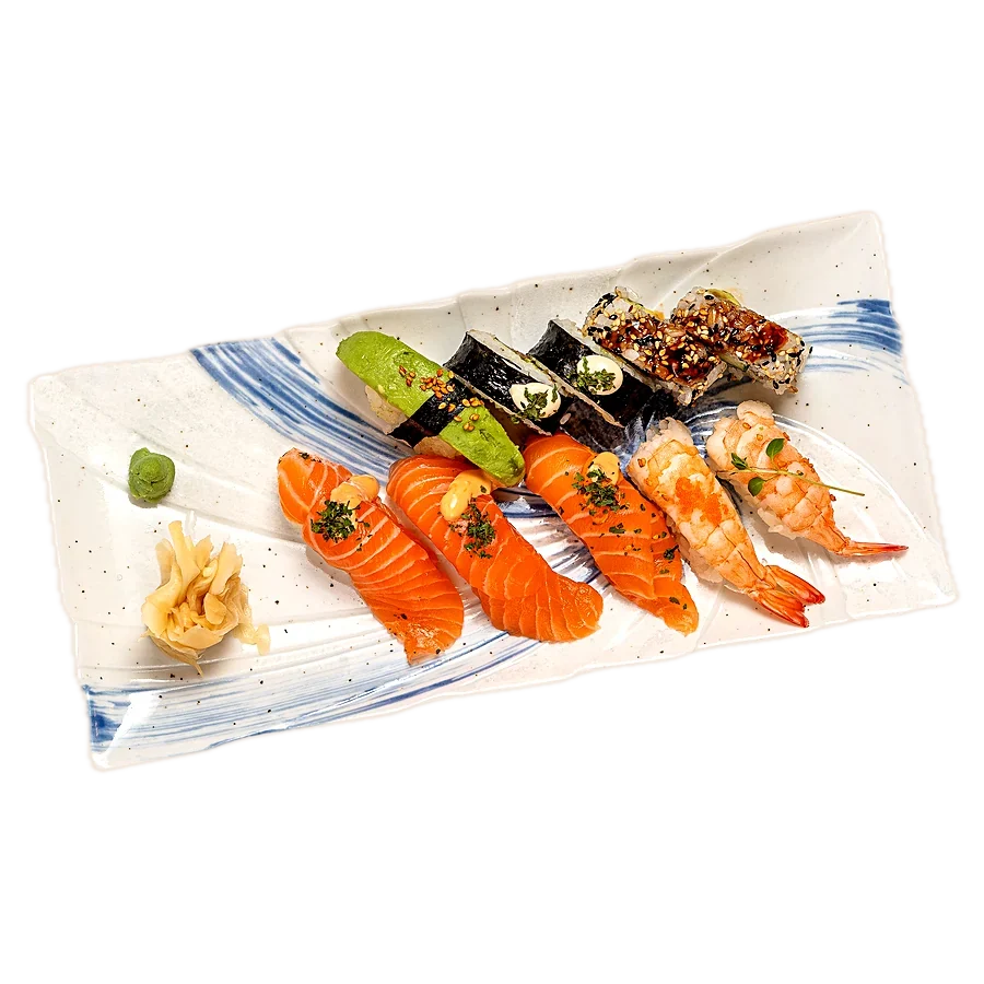 Dagens lunchsushi med lax, räka, avokado och roll